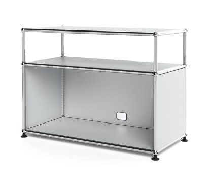 Meuble bas Lowboard M USM Haller avec rehausse, personnalisable, Argent mat USM, Avec  porte abattante, Avec passe-câbles au centre bas