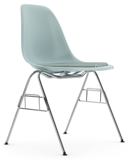 Eames Plastic Side Chair RE DSS / DSS-N, Gris bleuté, Avec coussin d'assise, Bleu glacier / ivoire, Sans liaison de rangée (DSS-N)