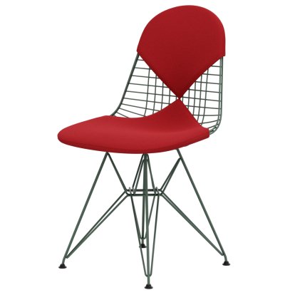 Chaise Wire Chair DKR, Revêtement thermolaqué eames écume de mer verte, Coussin pour assise et dossier (Bikini), Hopsak rouge / rouge coquelicot