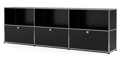 Meuble mixte Sideboard XL USM Haller, personnalisable, Noir graphite RAL 9011, Ouvert, Avec 3 portes abattantes