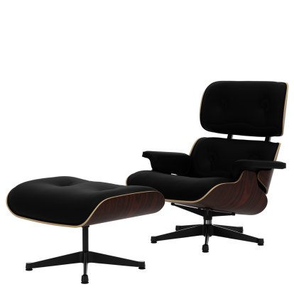 Eames Lounge Chair & Ottoman, Palissandre Santos, Cuir Premium F nero, 89 cm, Aluminium poli, côtés noirs