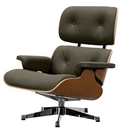 Eames Lounge Chair, Noyer naturel, Cuir Premium F kaki, 89 cm, Aluminium poli