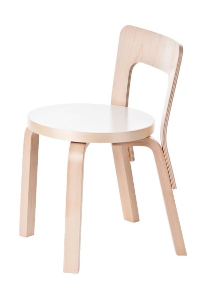 Chaise enfant N65, Assise stratifié blanc, pieds bouleau laqué nature