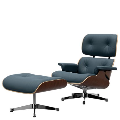 Eames Lounge Chair & Ottoman, Noyer foncé, Cuir Premium F bleu fumé, 89 cm, Aluminium poli