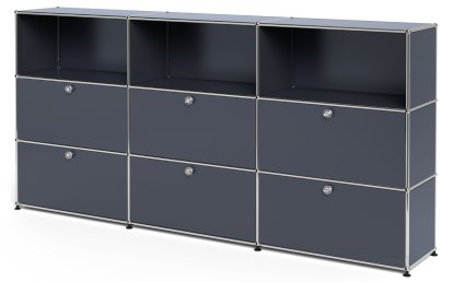 Meuble haut Highboard XL USM Haller, personnalisable, Anthracite RAL 7016, Ouvert, Avec 3 portes abattantes, Avec 3 portes abattantes