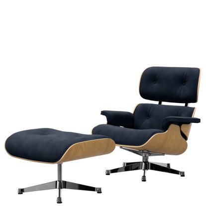 Eames Lounge Chair & Ottoman Calma, Châtaignier naturel, Calma, bleu nuit, 84 cm - Hauteur originale de 1956, Aluminium poli