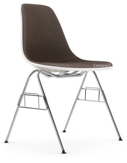 Eames Plastic Side Chair RE DSS / DSS-N, Blanc non-RE, Rembourrage intégral, Gris chaud / marron marais, Sans liaison de rangée (DSS-N)