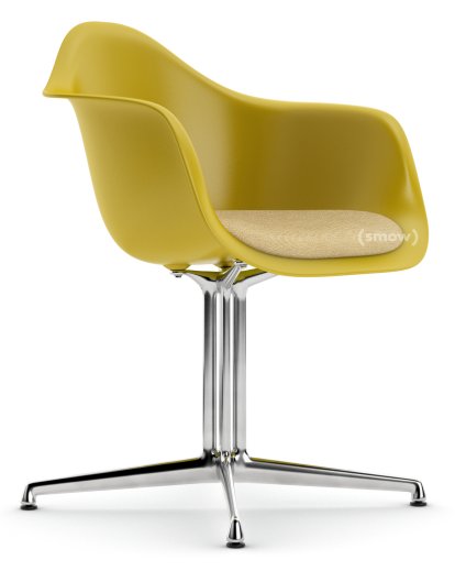 Eames Plastic Armchair RE DAL, Moutarde, Avec coussin d'assise, Moutarde / ivoire, Aluminium poli, Nouvelle hauteur d'assise (43,0 cm)