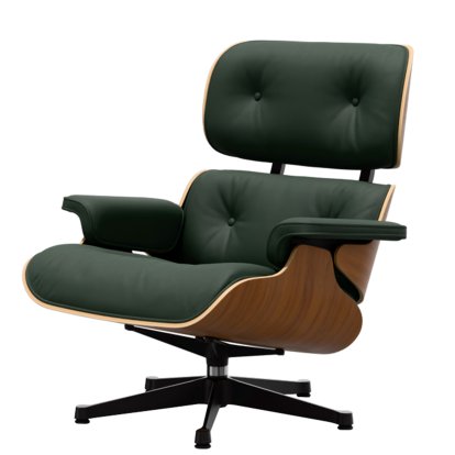 Eames Lounge Chair, Noyer naturel, Cuir Premium F jade, 84 cm - Hauteur originale de 1956, Aluminium poli, côtés noirs