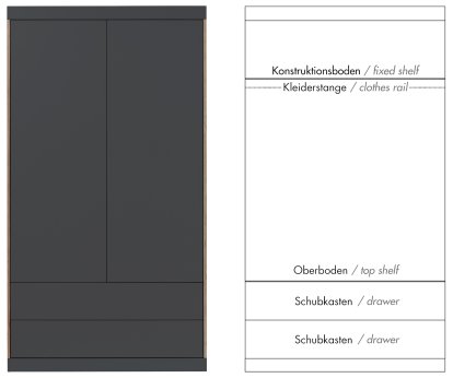 Armoire Flai , Large (216 x 118 x 61 cm), Mélaminé anthracite avec bords bouleau, Configuration 5