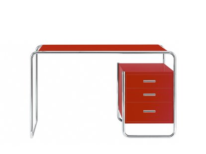 Bureau S 285/1 - S 285/2 Bauhaus, Hêtre laqué à pores ouverts rouge tomate, S 285/2: 1 grand bloc de tiroirs à l'intérieur à droite