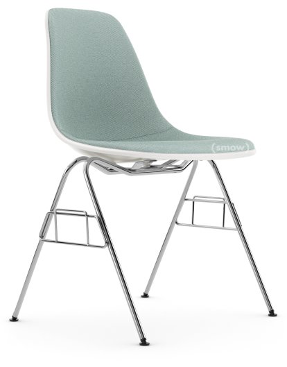 Eames Plastic Side Chair DSS / DSS-N, Blanc RE, Rembourrage intégral, Bleu glacier / ivoire, Sans liaison de rangée (DSS-N)