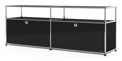 Meuble bas Lowboard L USM Haller avec rehausse, personnalisable, Noir graphite RAL 9011, Avec 2 portes abattantes, Sans passe-câbles