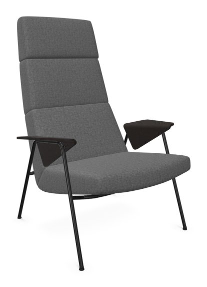 Fauteuil Votteler, Dossier haut, Tissu Gaia argent, Peint par poudrage noir mat, Chêne fumé