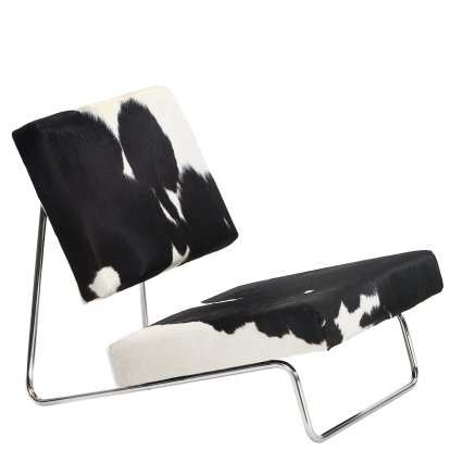 Fauteuil de salon Hirche, Peau de vache, noire / blanche, Chromé, sans repose-pieds
