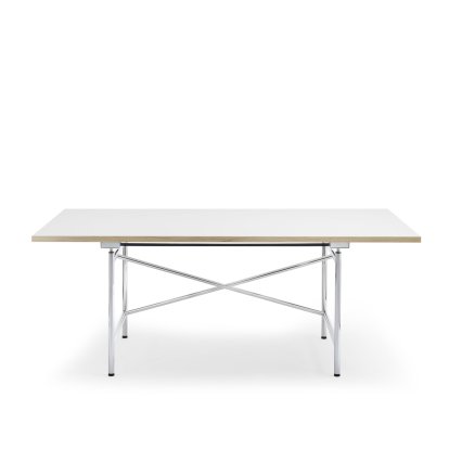 Table Eiermann 1 M (réglage mécanique de la hauteur), Mélaminé blanc avec bords chêne, 180 x 90 cm, Chromé