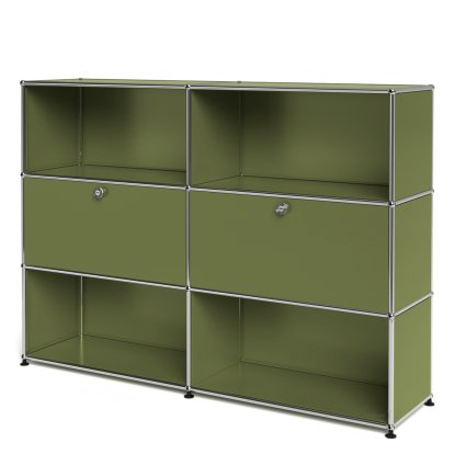 Meuble haut Highboard L USM Haller, personnalisable, Vert olive RAL 6003, Ouvert, Avec 2 portes abattantes, Ouvert