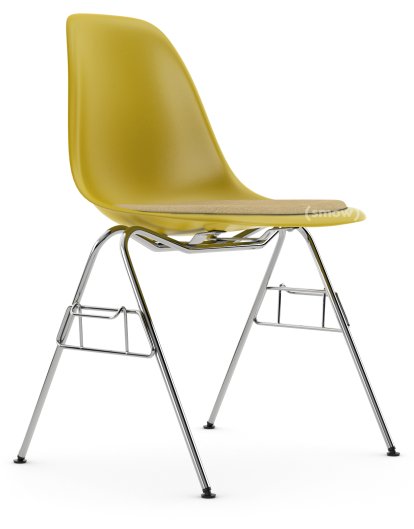 Eames Plastic Side Chair RE DSS / DSS-N, Moutarde, Avec coussin d'assise, Moutarde / ivoire, Avec liaison de rangée (DSS)