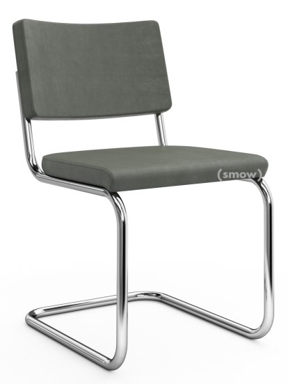Chaise cantilever S 32 PV Pure Materials, Cuir Nubuk vert-gris, Chromé, Sans patins