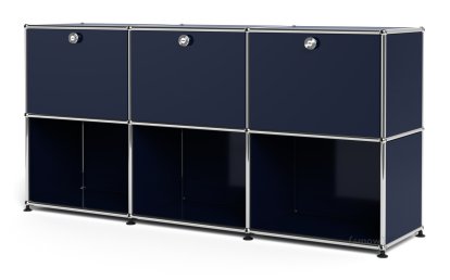 Meuble mixte Sideboard 50 USM Haller, personnalisable, Bleu acier RAL 5011, Avec 3 portes abattantes, Ouvert
