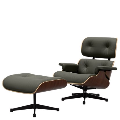 Eames Lounge Chair & Ottoman, Noyer foncé, Cuir Premium F gris umbra, 84 cm - Hauteur originale de 1956, Aluminium poli, côtés noirs