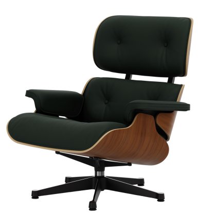 Eames Lounge Chair, Noyer naturel, Cuir Premium F jade, 84 cm - Hauteur originale de 1956, Aluminium poli, côtés noirs