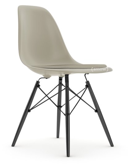 Eames Plastic Side Chair DSW, Galet, Avec coussin d'assise, Gris chaud / ivoire, Version standard - 43 cm, Érable noir