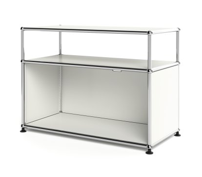 Meuble bas Lowboard M USM Haller avec rehausse, personnalisable, Blanc pur RAL 9010, Avec  porte abattante, Avec passe-câbles au centre haut
