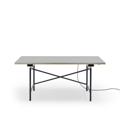 Table Eiermann 1 E (réglage électrique de la hauteur), Linoleum gris cendré (Forbo 4132) avec bords en chêne, 160 x 80 cm, Noir, Avec passage-de-câbles