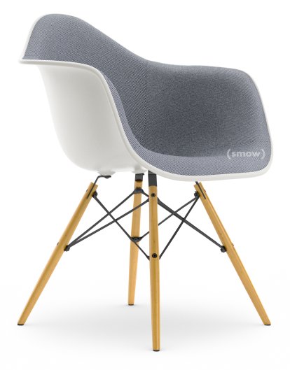 Eames Plastic Armchair DAW, Blanc non-RE, Rembourrage intégral, Bleu foncé / ivoire, Version standard - 43 cm, Érable nuance de jaune