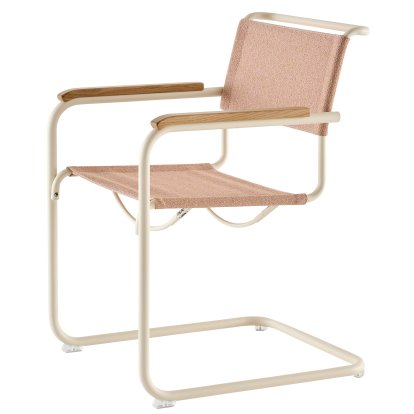 Chaise Cantilever S 33 / S 34 V Tissu, Accoudoirs en chêne huilé, Blanc perle mat revêtu par poudre, Tissu cento lotus - rose, Patins en plastique transparent avec feutre
