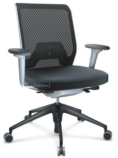 ID Mesh, Mécanisme Flowmotion avec inclinaison avant et réglage de la profondeur , Avec accotoirs 2D, Piétement à 5 branches, plastique basic dark, Soft grey, Assise Skin, dossier Netline, Nero, Durs pour tapis