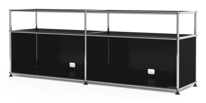 Meuble bas Lowboard L USM Haller avec rehausse, personnalisable, Noir graphite RAL 9011, Ouvert, Avec passe-câbles au centre bas