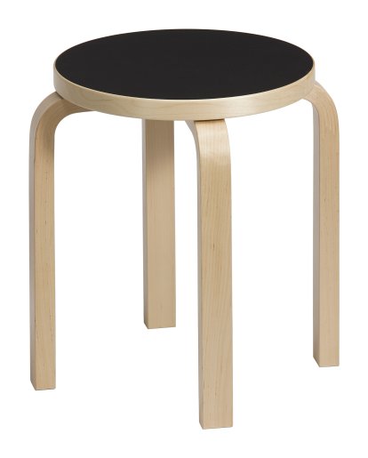 Tabouret E60, Assise linoléum noir, pieds bouleau laqué nature