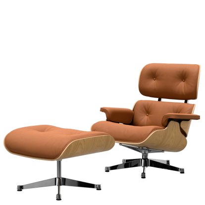Eames Lounge Chair & Ottoman, Châtaignier naturel, Cuir Premium F cognac, 84 cm - Hauteur originale de 1956, Aluminium poli
