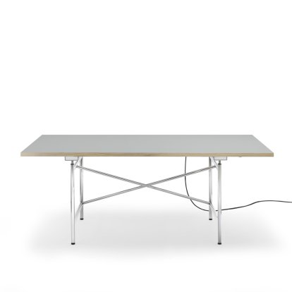 Table Eiermann 1 E (réglage électrique de la hauteur), Linoleum gris cendré (Forbo 4132) avec bords en chêne, 180 x 90 cm, Chromé, Sans passage-de-câbles