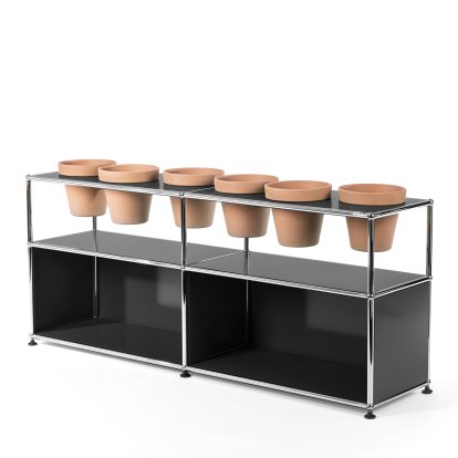 Meuble Sideboard USM Haller pour plantes, Anthracite RAL 7016, Ouvert, Avec 6 pots, Terre cuite