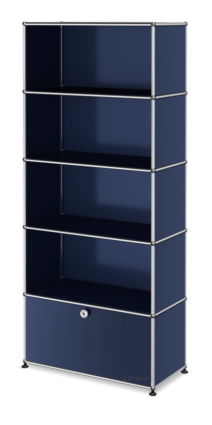 Étagère à dossiers USM Haller M, personnalisable, Bleu acier RAL 5011, Ouvert, Ouvert, Ouvert, Avec  porte abattante