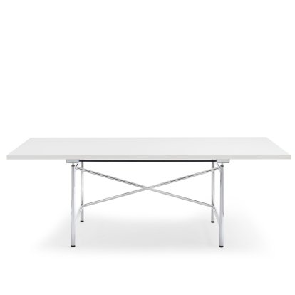 Table Eiermann 1 M (réglage mécanique de la hauteur), Mélaminé blanc avec bords blancs, 200 x 90 cm, Chromé