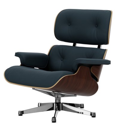 Eames Lounge Chair, Noyer foncé, Cuir Premium F bleu fumé, 84 cm - Hauteur originale de 1956, Aluminium poli