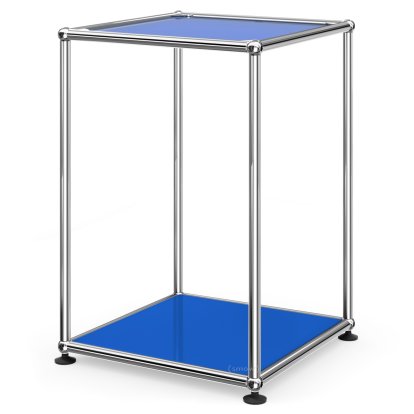 Table d'appoint USM Haller haute 35, Panneau supérieur en verre laqué, panneau inférieur en métal, Bleu gentiane RAL 5010