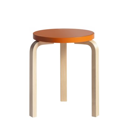 Tabouret 60, Assise laquée orange, pieds bouleau laqué nature