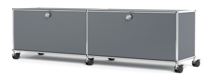 Meuble bas Lowboard TV/Hi-Fi USM Haller, personnalisable, Gris moyen RAL 7005, Avec 2 portes abattantes, Sans passe-câbles