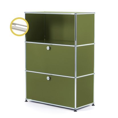 USM Haller E Highboard M avec 2 portes battantes et éclairage du compartiment, Vert olive RAL 6003, Blanche froide