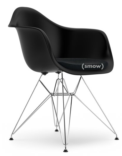 Eames Plastic Armchair RE DAR, Noir profond  , Avec coussin d'assise, Nero, Version standard - 43 cm, Chromé