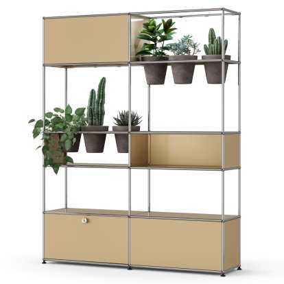 Étagère de séparation USM Haller E plantes, Beige USM, Basalte, Éclairage LED blanc froid