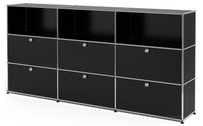 Meuble haut Highboard XL USM Haller, personnalisable, Noir graphite RAL 9011, Ouvert, Avec 3 portes abattantes, Avec 3 portes abattantes