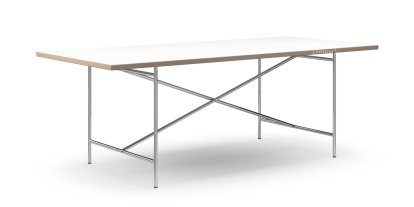 Table à manger Eiermann 2, Mélaminé blanc avec bords chêne, 200 x 90 cm, Chromé