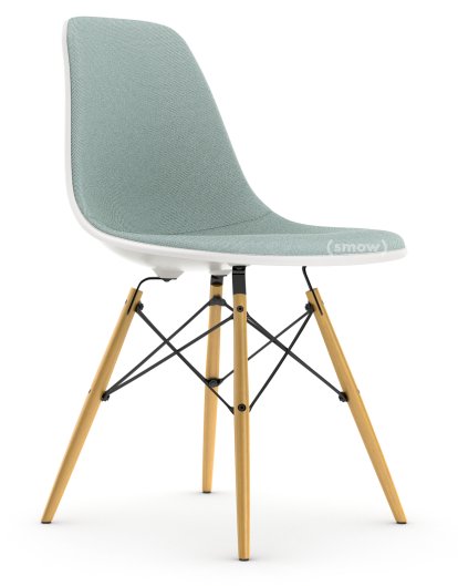 Eames Plastic Side Chair DSW, Blanc RE, Rembourrage intégral, Bleu glacier / ivoire, Version standard - 43 cm, Frêne tons miel