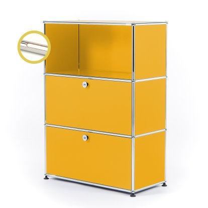 USM Haller E Highboard M avec 2 portes battantes et éclairage du compartiment, Jaune or RAL 1004, Blanche chaude